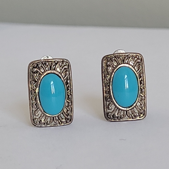 Vintage Jewelry - Vintage Boho Greco Roman Turquoise Silver Filigree Square Stud Clip-On Earrings